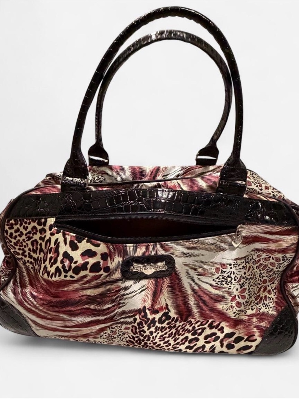 Kathy Van Zeeland Animal Print Satchel Duffle Rolling in Burgundy and Cream